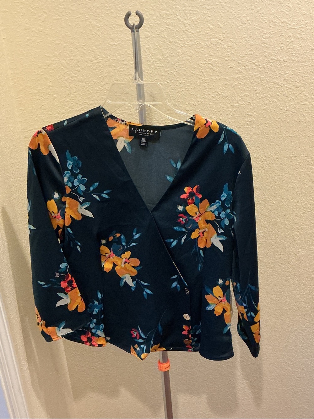 Laundry By Shelli Segal Navy Floral Wrap Top with Yellow & Teal Accents